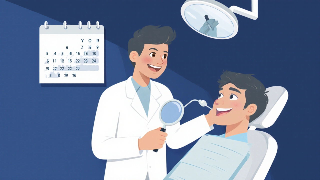 Dentista kontroluje bělené zuby pacienta v moderním zubním křesle.