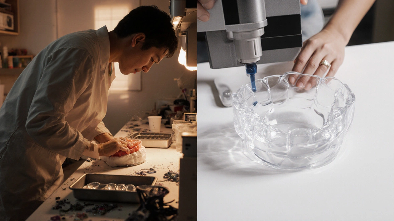 Laboratorní technik vyrábí individuální podnos na bělení zubů.