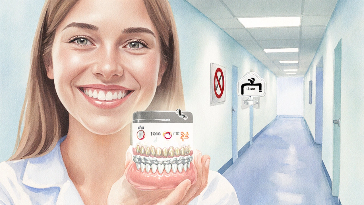 Osoba se zářivým můstkem v dentální klinice, kalendář kontrol.