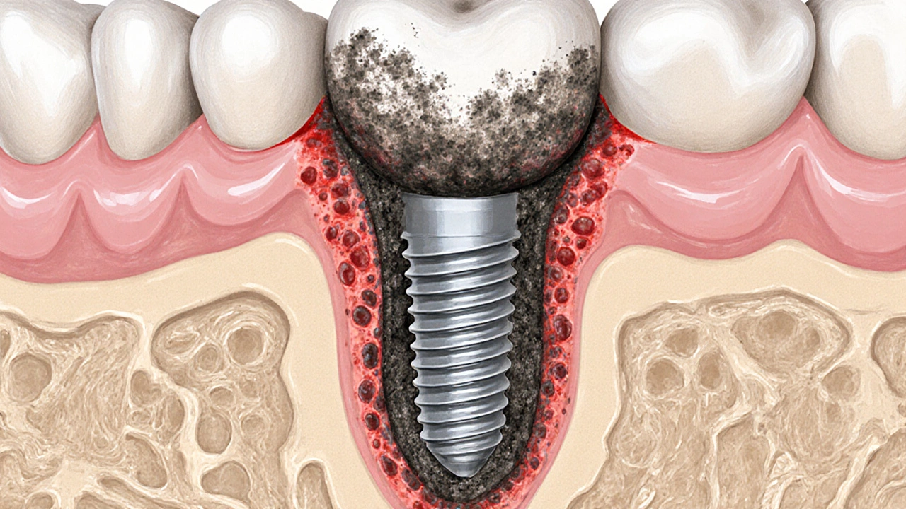 Příčný řez čelisti s implantátem a bakteriálním plakem kolem něj.