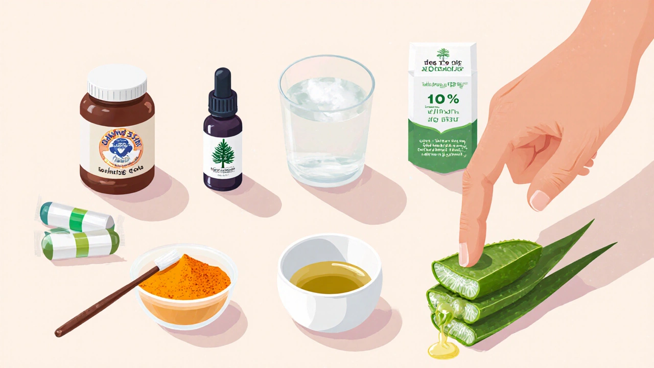 Rozložení alternativ pro ústní hygienu – jedlá soda, čajovníkový olej, slaná voda, xylitol, kurkuma a aloe vera.