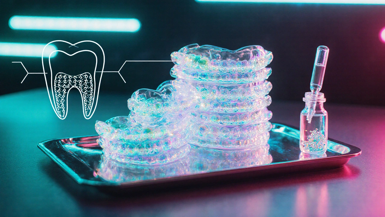 Stack průhledných 3D‑tištěných alignerů s biomateriály na laboratorním stole.