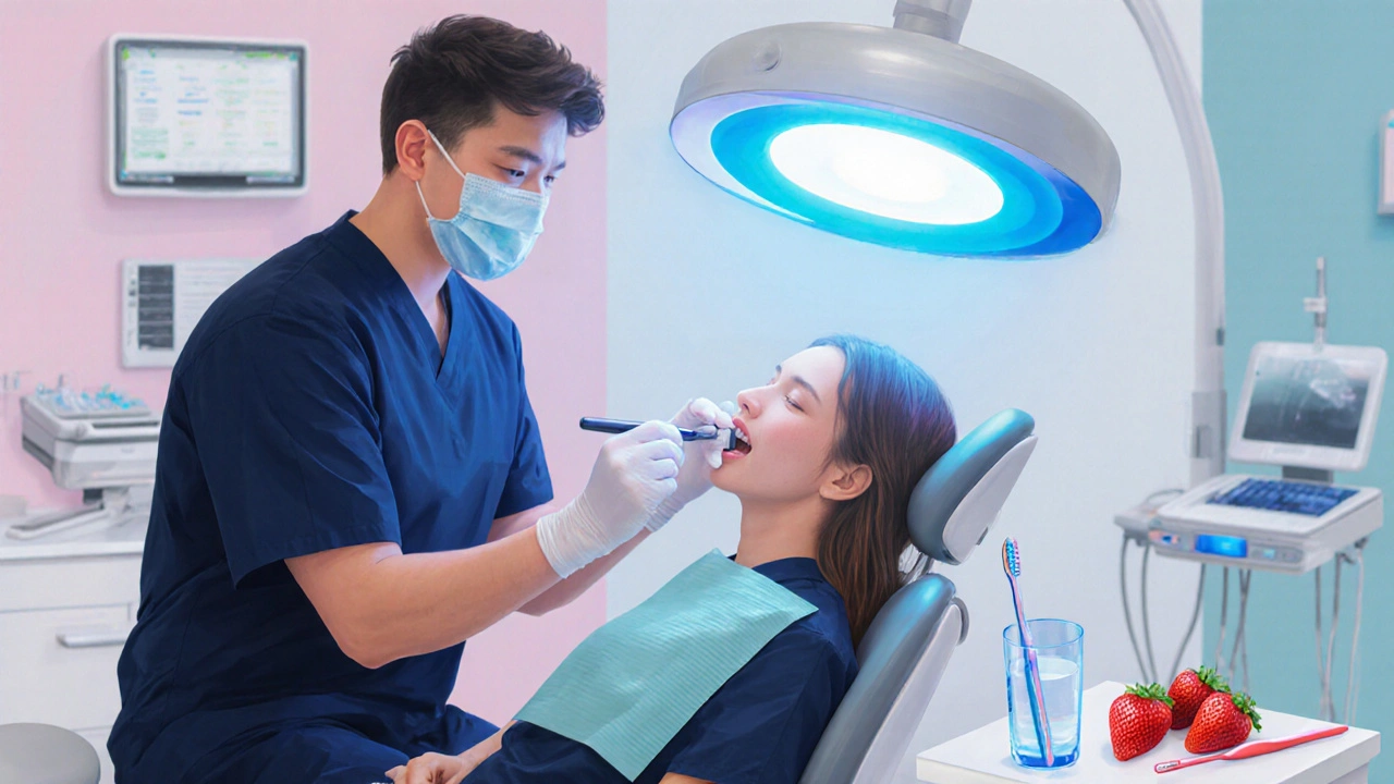 Stomatolog aplikuje bělící gel pod LED lampou v moderní klinice.