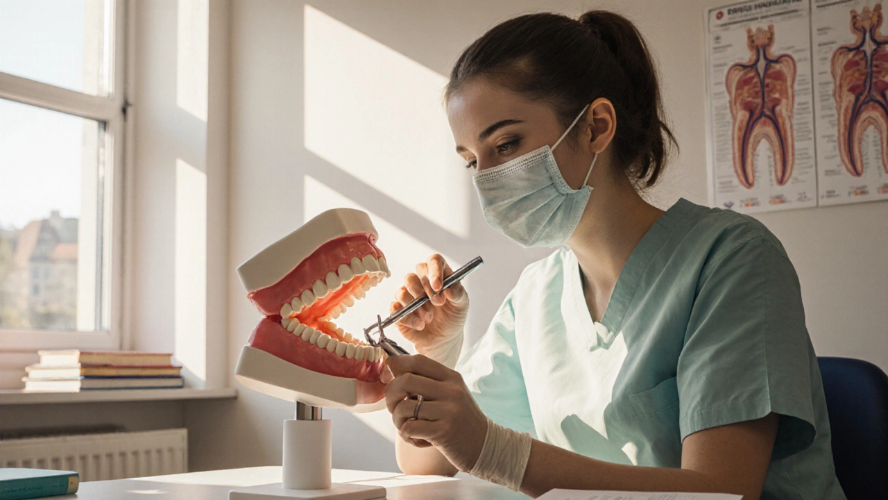 Studentka dentální hygieny cvičí na zubním modelu ve třídě.