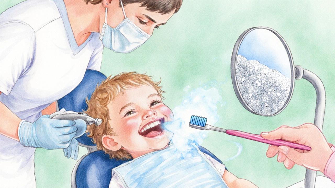 Zubní hygienistka provádí profesionální čištění a aplikaci fluoridu na úsměv dítěte.