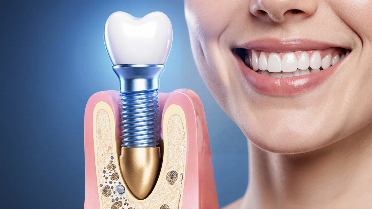 Křížový řez čelisti s titanovým implantátem, který je integrován do kosti.