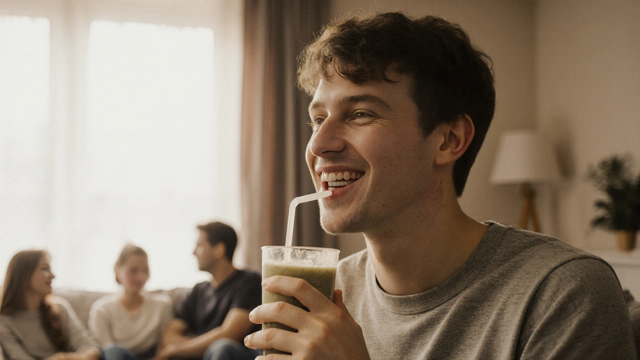Mladý muž po maxilofaciální operaci pije smoothie a smíře, s mírným otokem tváře a zubními rovnátky.