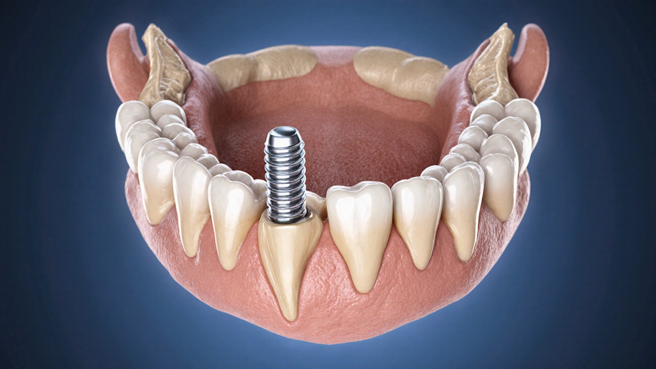 Rendr čelisti s implantátem integrovaným do kosti, s viditelnou osteointegrací.
