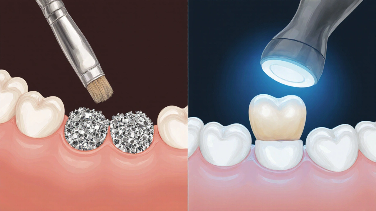 Side-by-side comparison of amalgam and composite filling techniques.