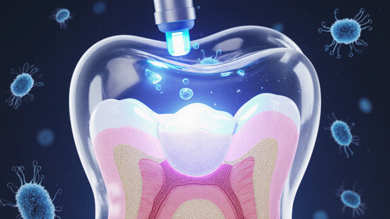 Transparent tooth showing composite layers being cured with light.