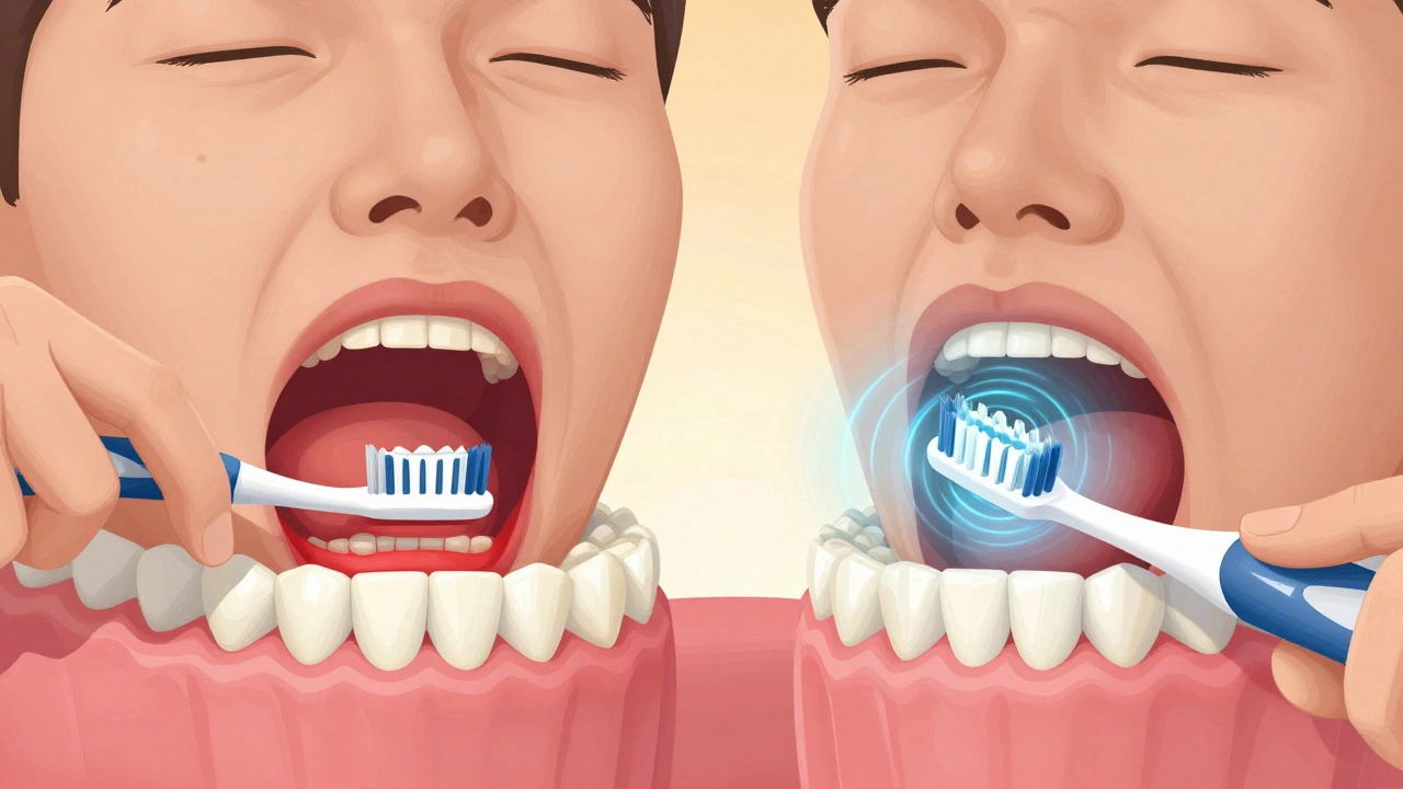 Comparison of manual brushing (inflamed gums) vs. sonic brushing (cleaning with energy waves).