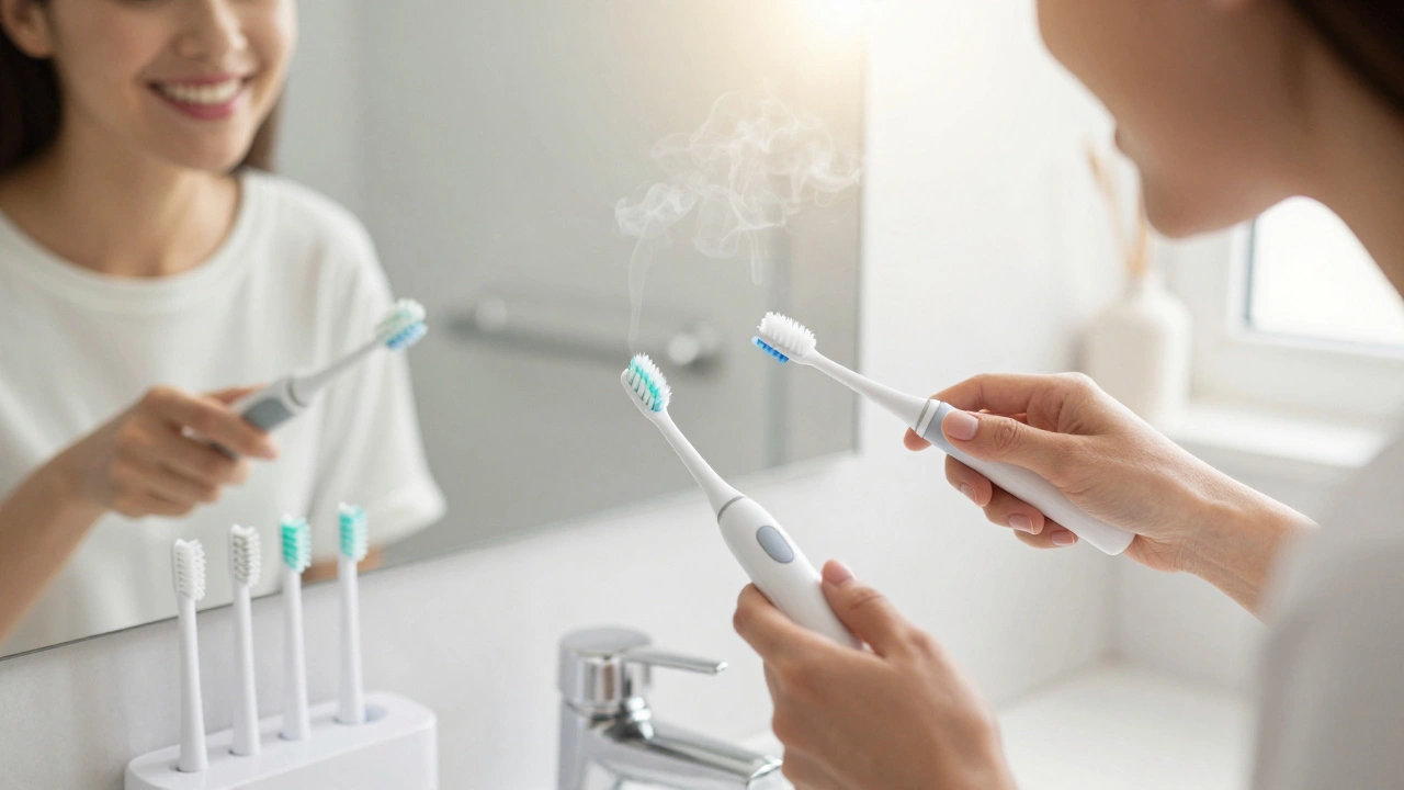 Person smiling in bathroom with clean teeth and healthy gums using a sonic toothbrush.