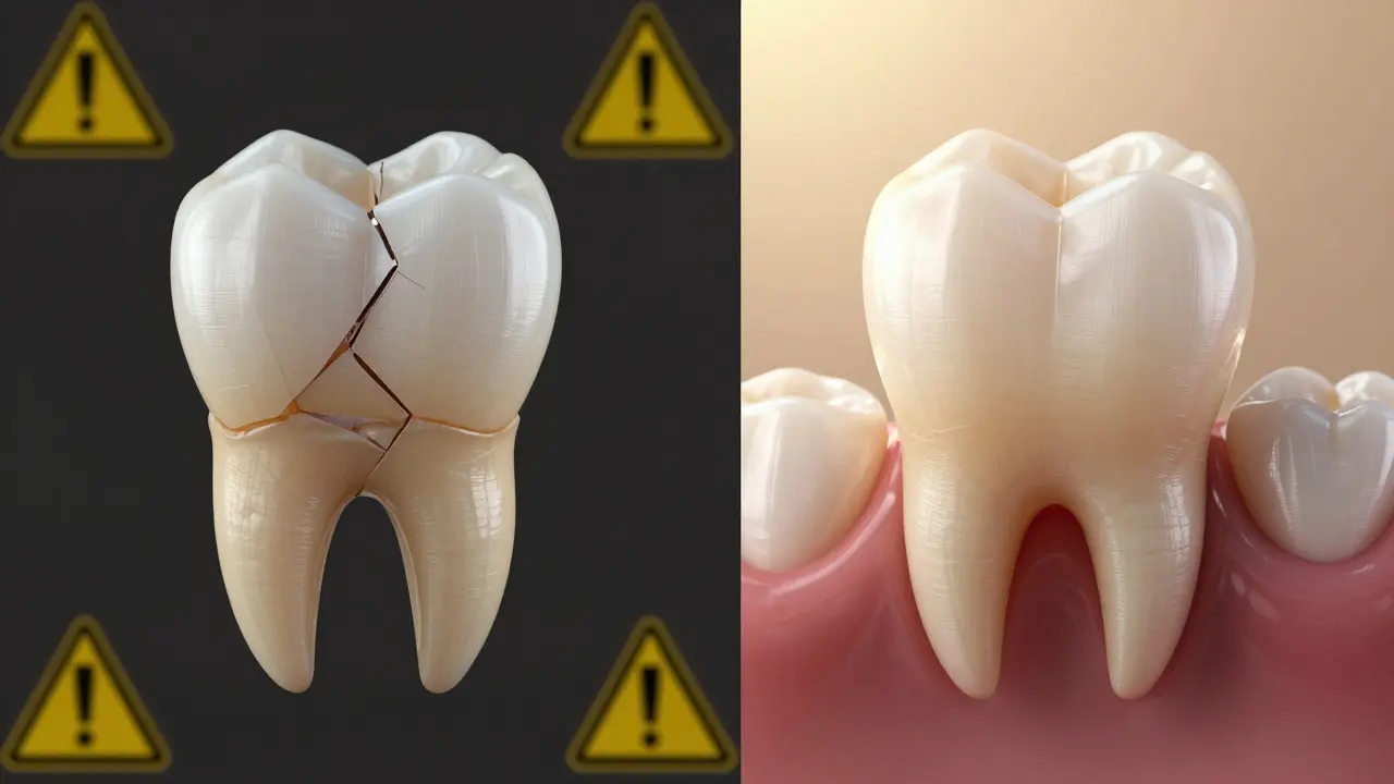 Porovnání levné a kvalitní rekonstrukce zubu: poškozený vs. zachráněný zub.