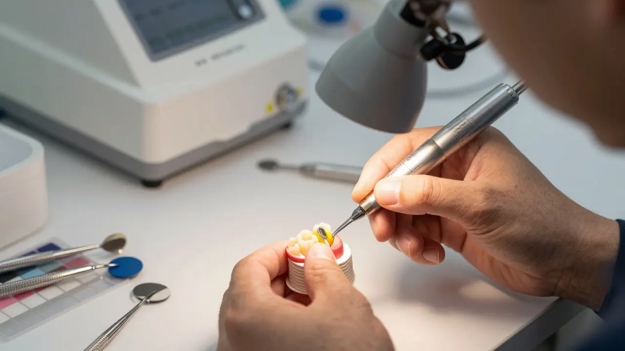 Technik v zubní laboratoři vyrábí přesnou kompozitní vložku.