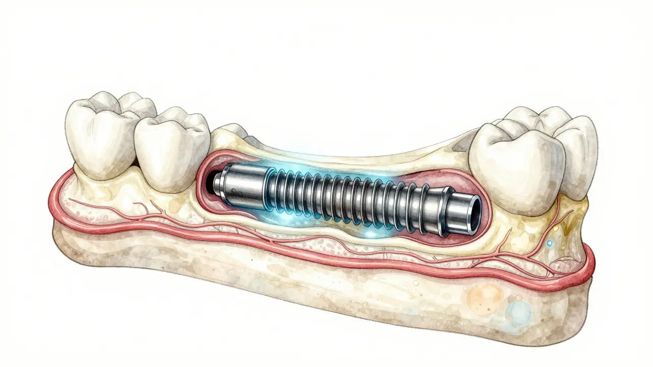 Křížový řez čelisti s titanovým implantátem spojeným s kostí, symbolizující přirozenou integraci.