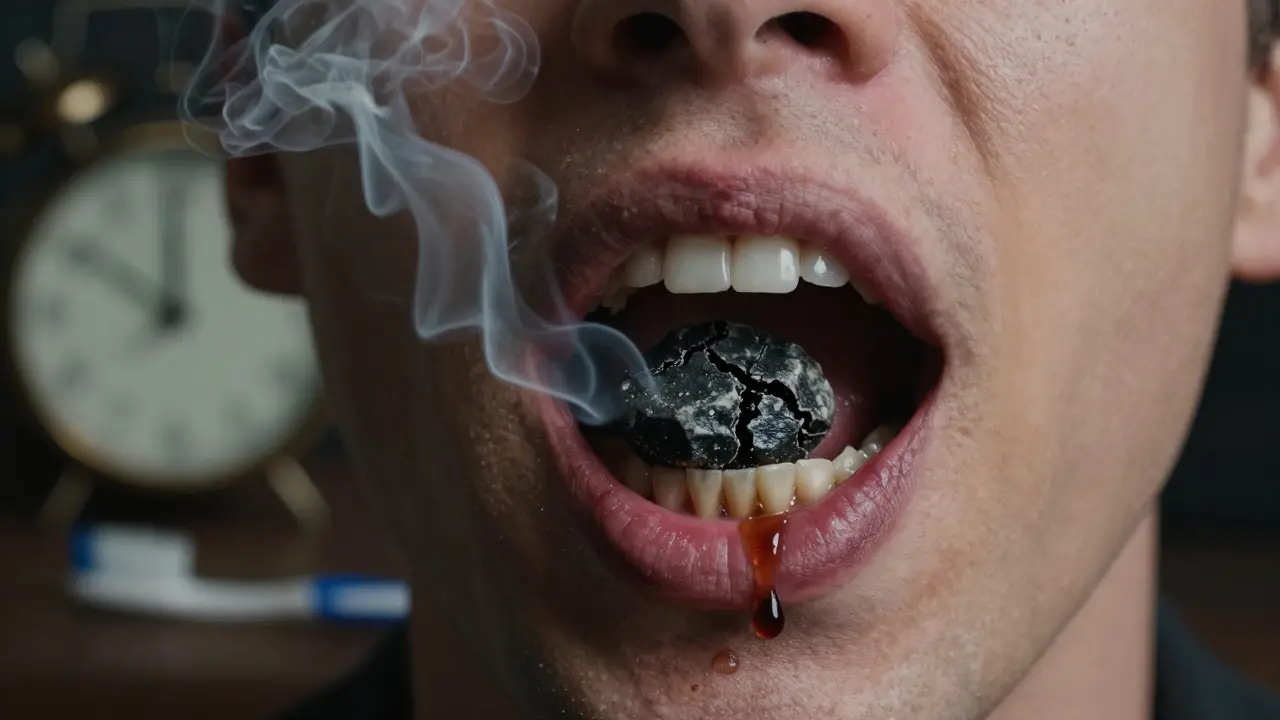 Symbolický obraz zubního kamene s kouřem a kapkami, znázorňující příčiny.