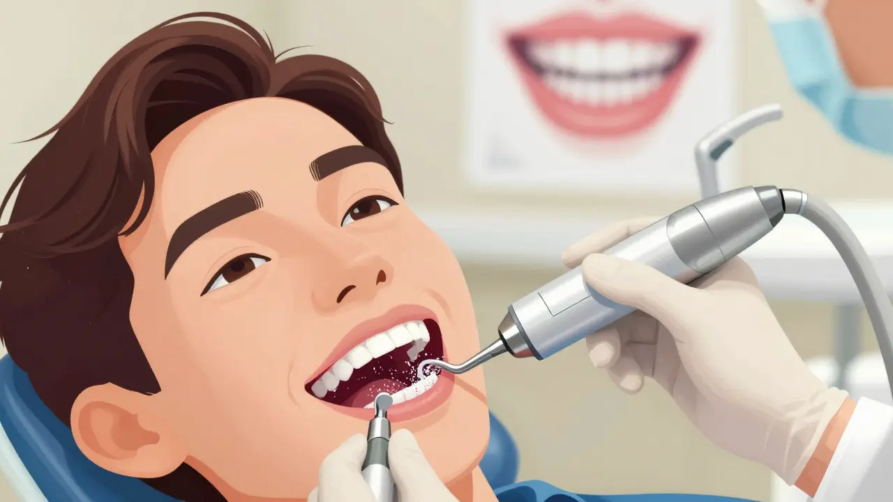 Zubní hygienička odstraňuje zubní kámen ultrazvukovým přístrojem.