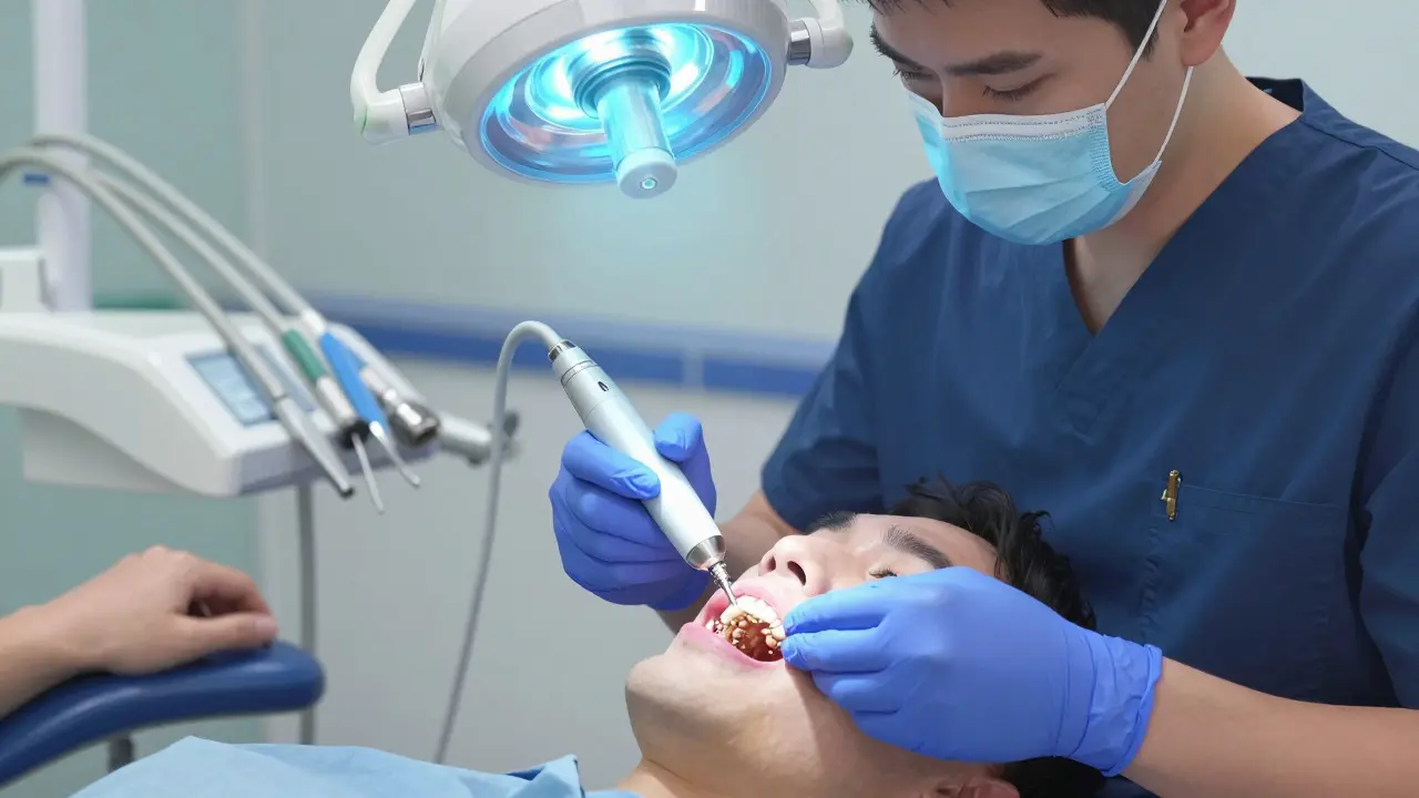 Zubní hygienistka odstraňuje kámen z poddásňové oblasti ultrazvukovým nástrojem.