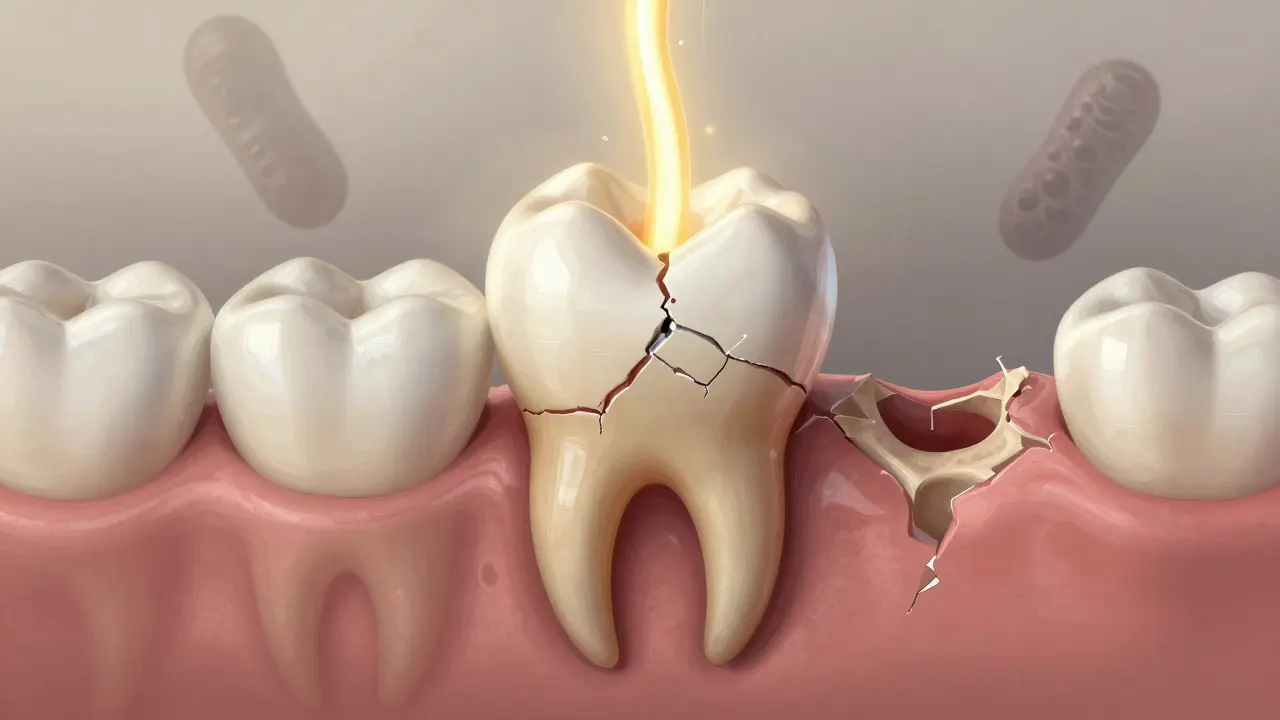 A tooth saved by a crown, with light symbolizing internal healing, contrasting with decaying bone and bacteria.
