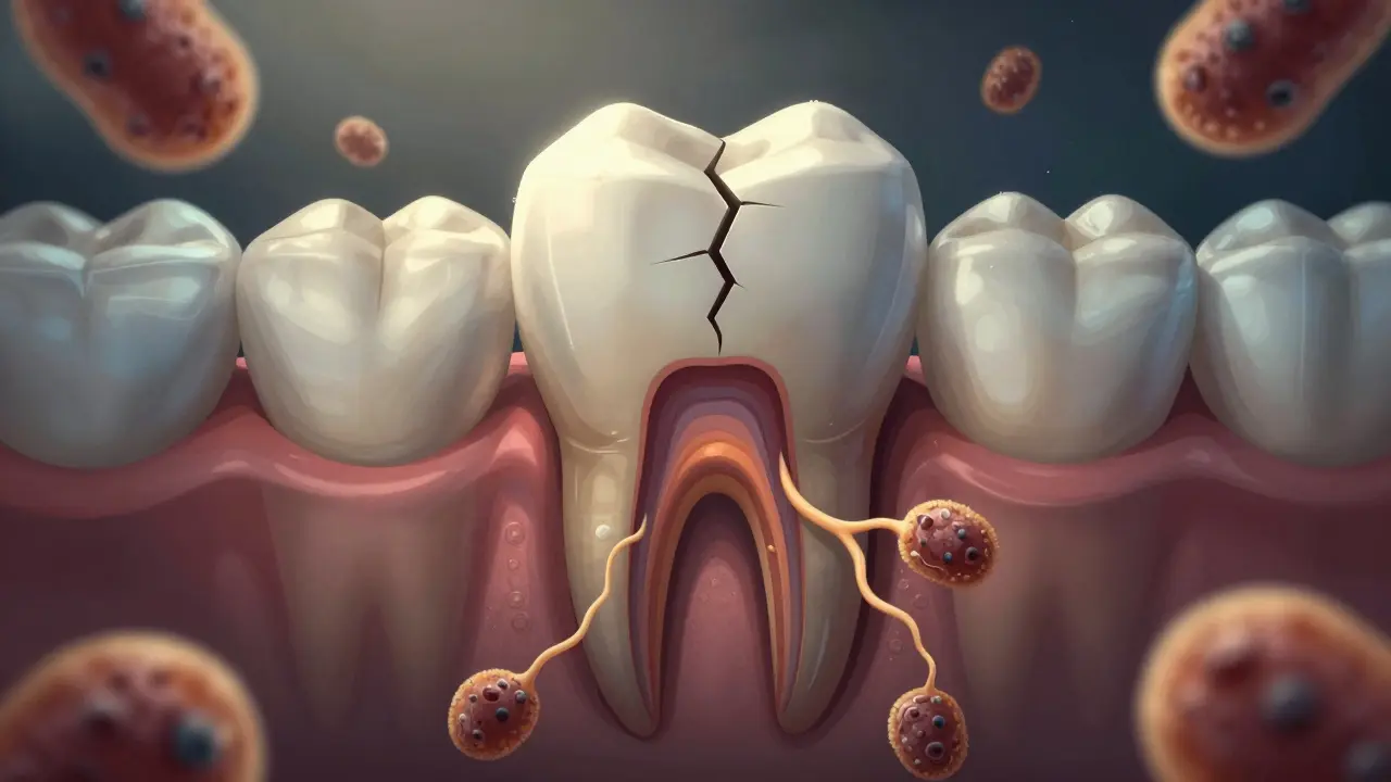 Hluboká prasklina v zubu s šířením bakterií do dentinu, mikroskopický přehled.