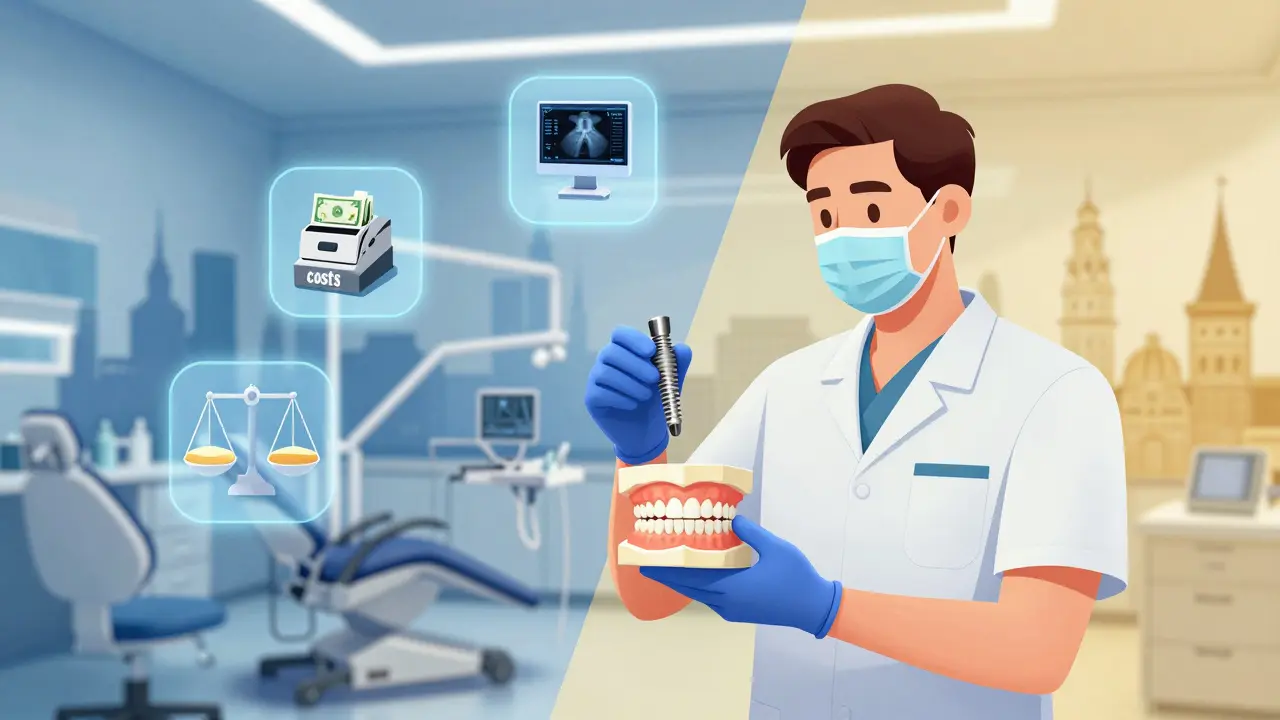 Ilustrace zubního specialisty s modely implantací a symboly příjmu a nákladů.