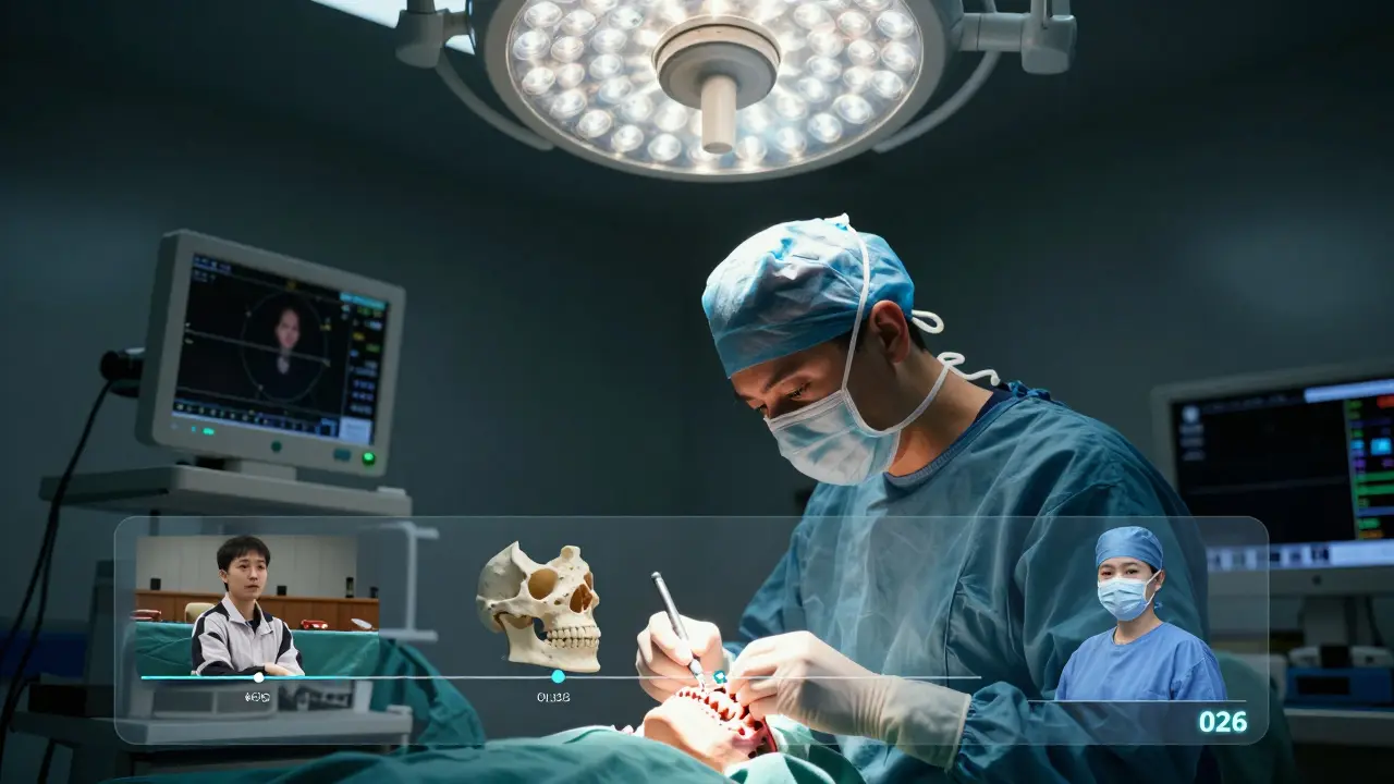 Maxilofaciální chirurg provádí operaci čelisti v operačním sále s pokročilým vybavením.