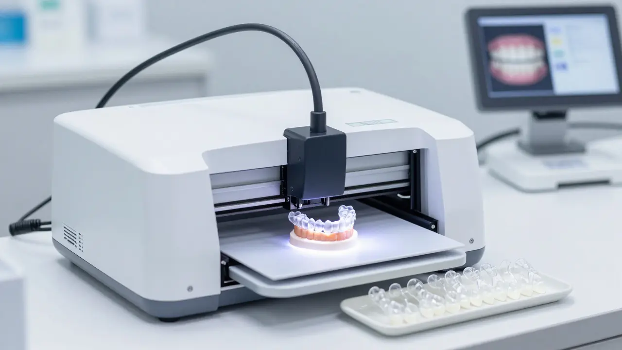 3D printer producing transparent orthodontic aligners layer by layer in a dental lab.