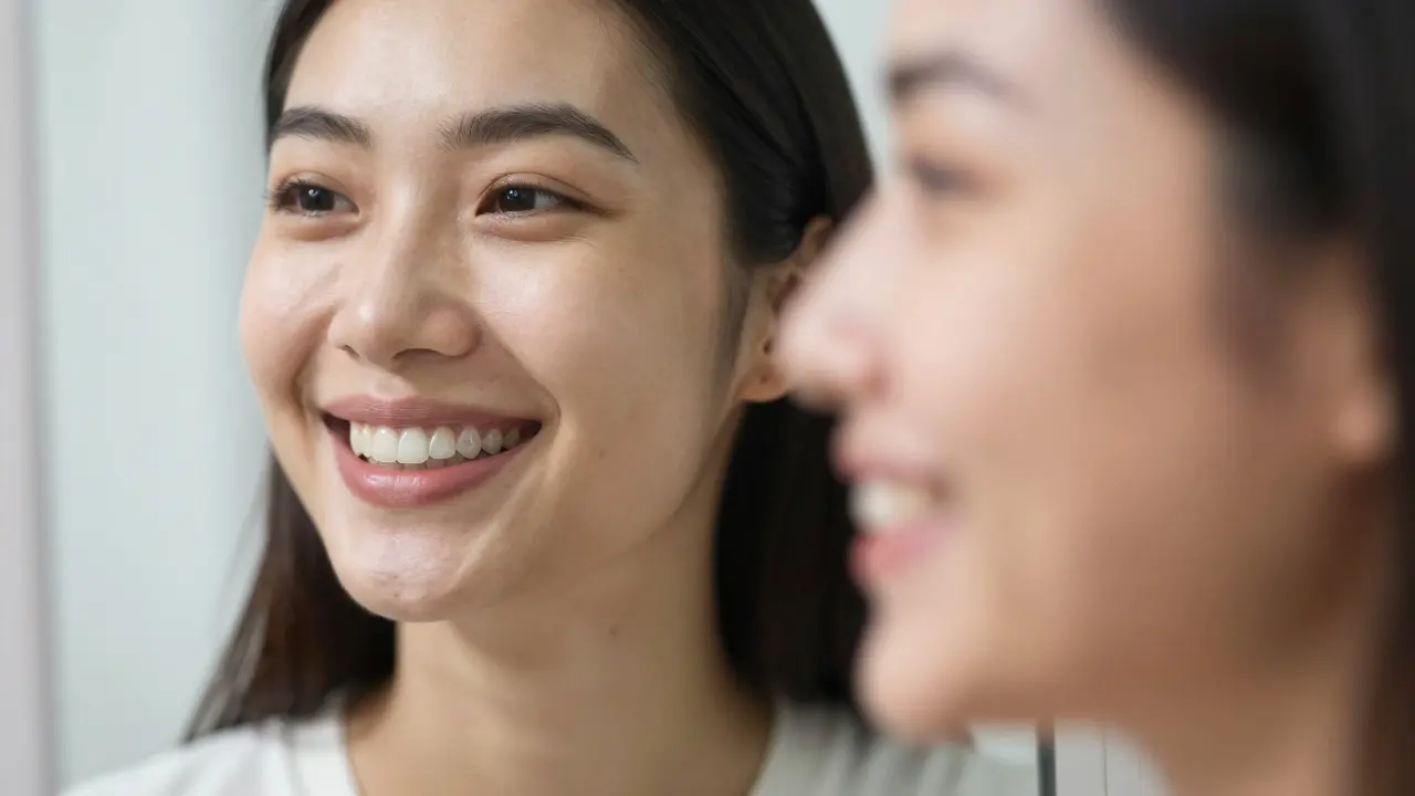 Adult smiling with nearly invisible clear aligners, reflection showing corrected teeth.