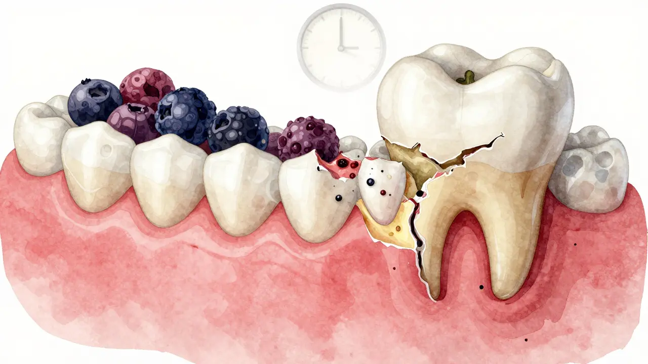 Přehled anatomy zubu s prokazujícím pronikáním barviv do dentinu a erodovanou sklovinkou.