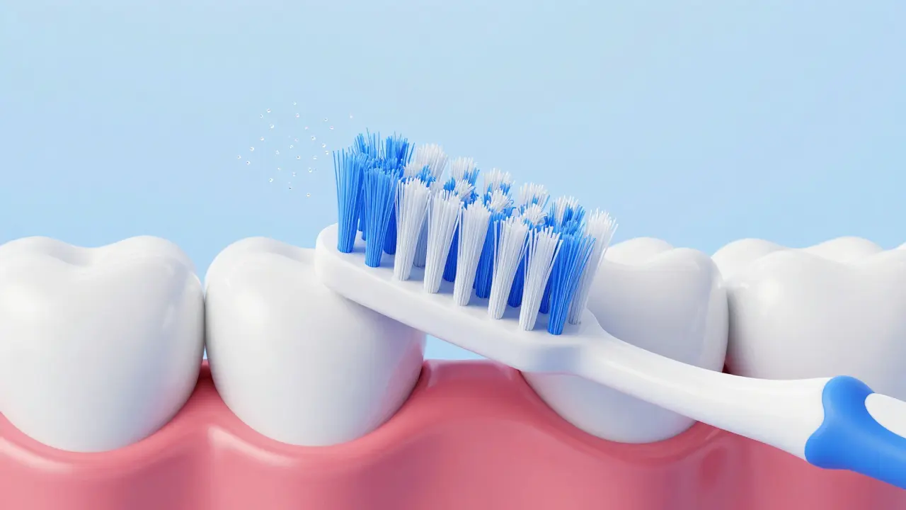 3D znázornění správného úhlu 45 stupňů při čištění zubů a dásní.