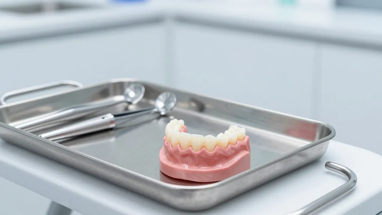 Dentální implantát a korunka na sterilním podložce v ordinaci.