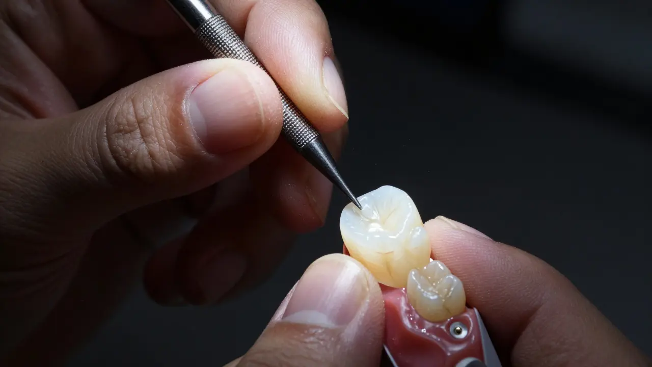 Detailní záběr na výrobu porcelánové faseti v zubní laboratoři.