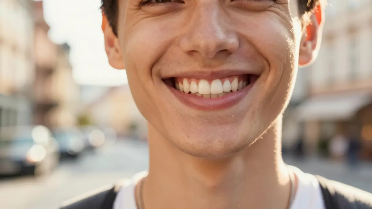 Krásný a přirozený úsměv ženy po aplikaci zubních faset.