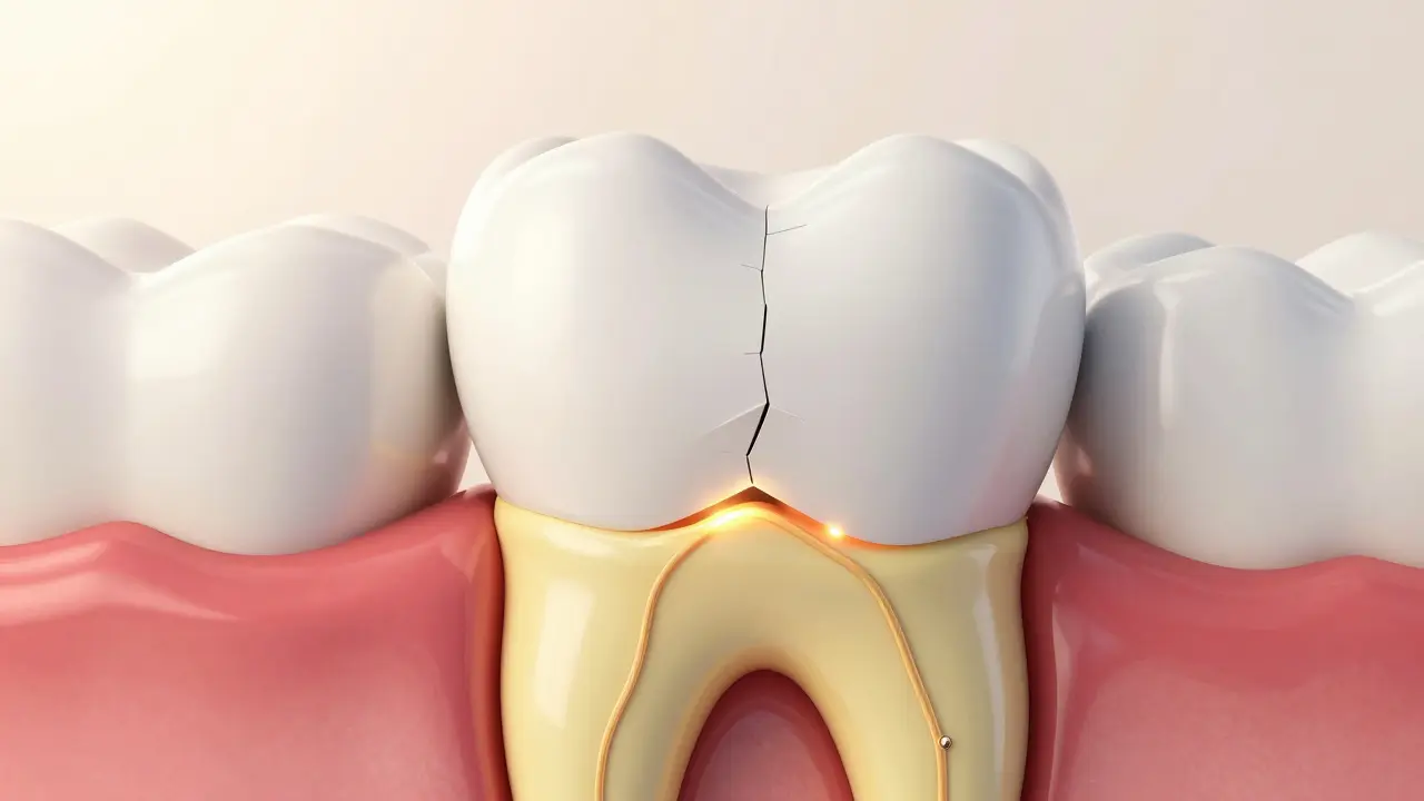 Průřez zubu ukazující prasklou sklovinu a odhalený citlivý dentin s nervy
