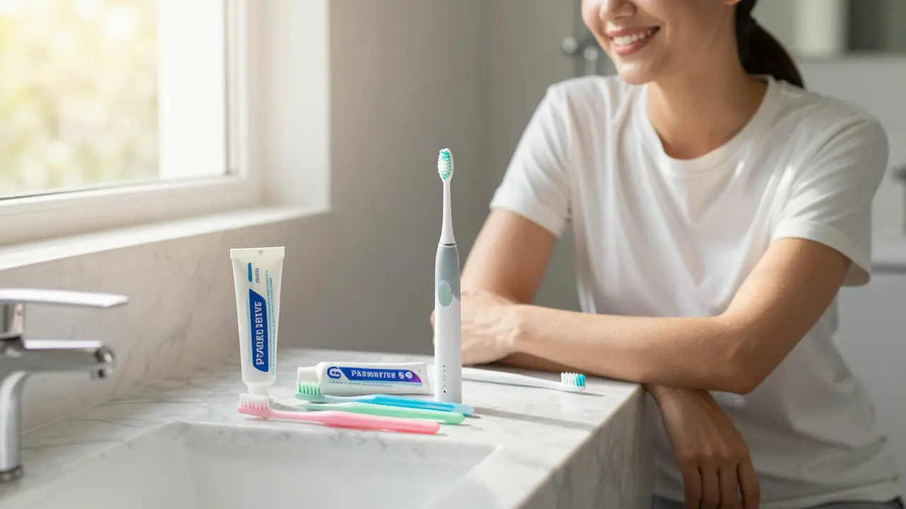 Sada pomůcek pro domácí prevenci: elektrický kartáček a mezizubní kartáčky.