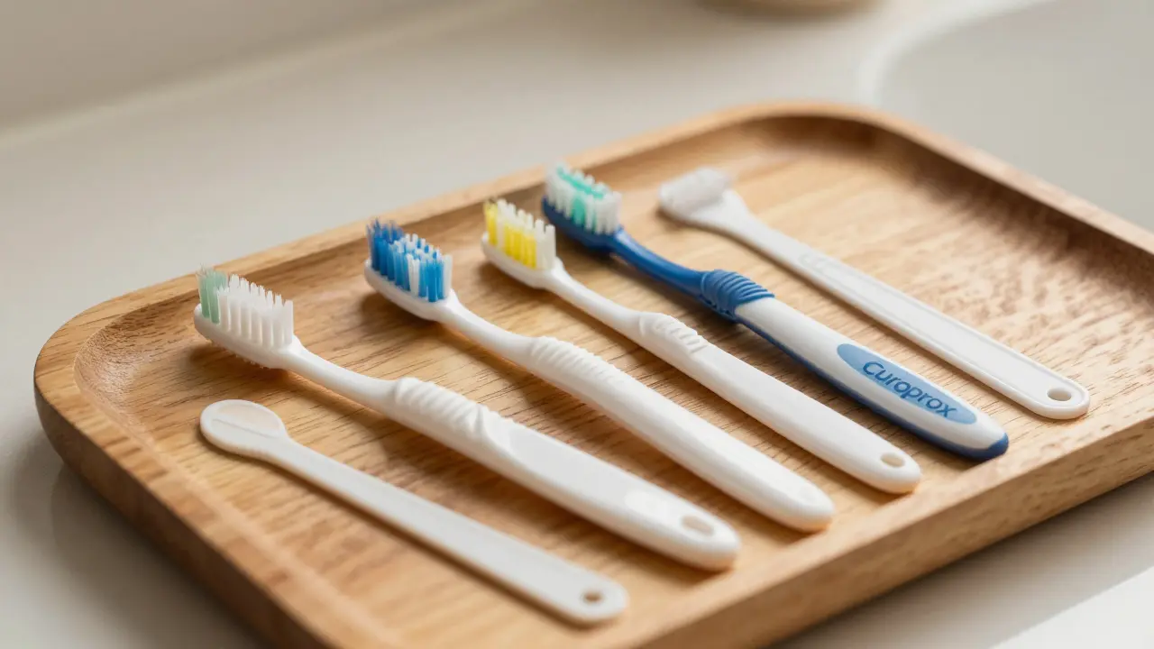 Sada produktů pro ústní hygienu včetně mezizubních kartáčků na dřevěném podnose.
