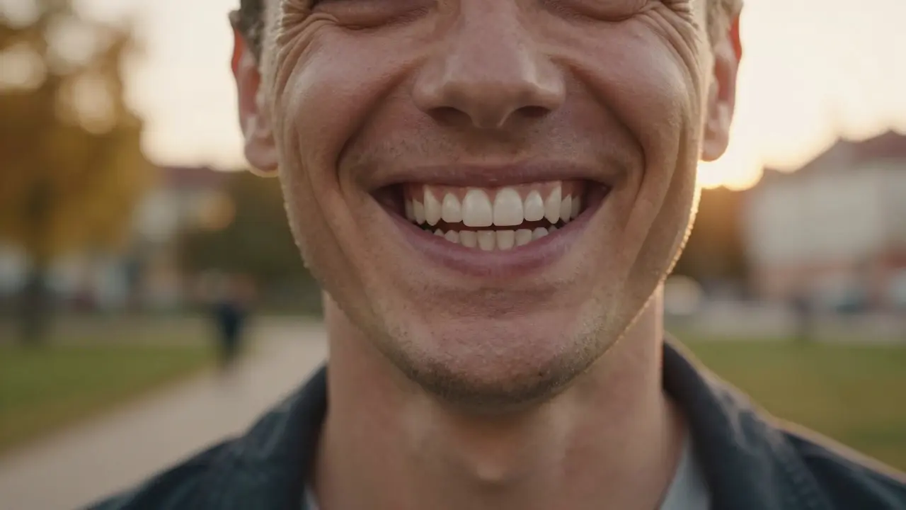 Zářivý a rovný úsměv dospělé osoby po úspěšném sundání rovnátek.