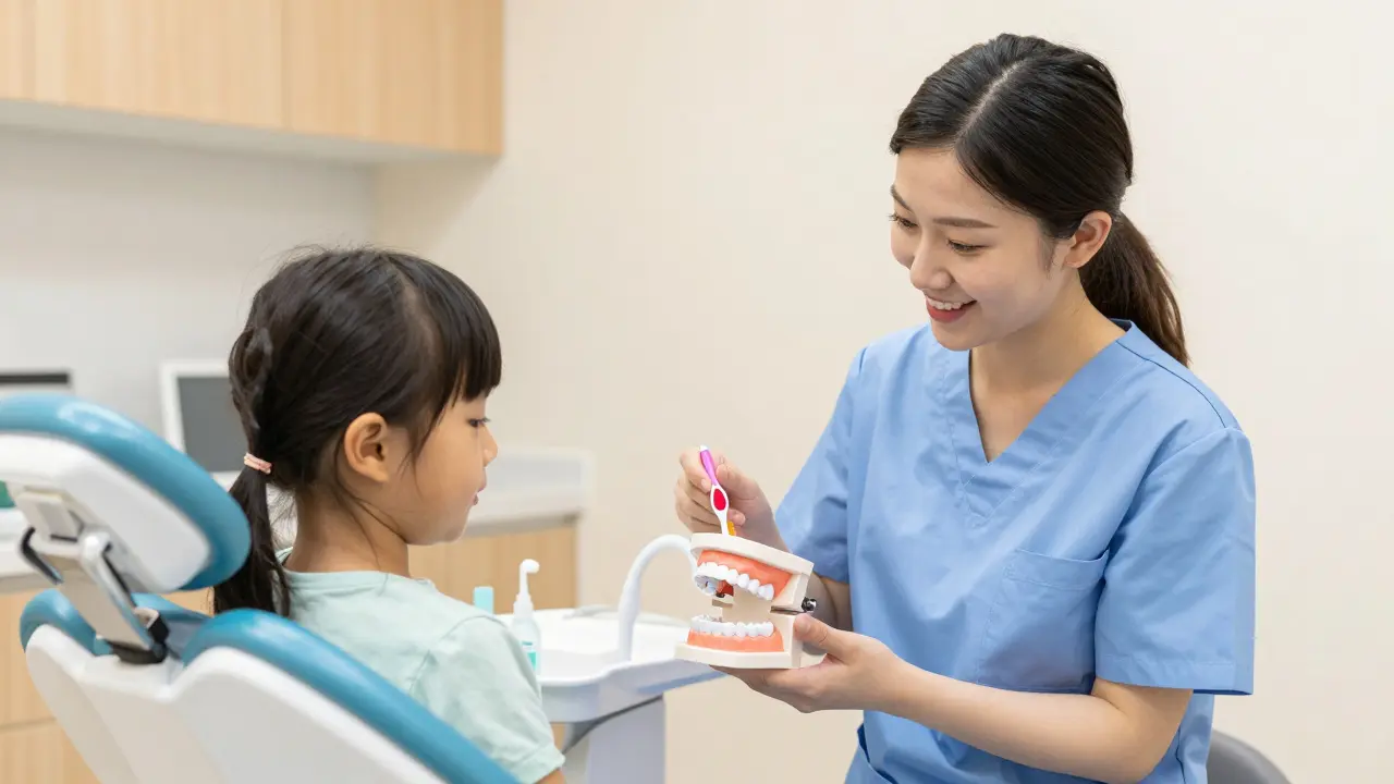 Zubní hygienistka učí dítě správné technice čištění zubů na modelu.