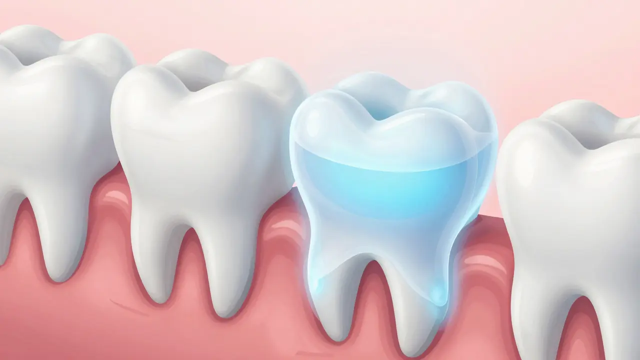 Koncepční ilustrace absorpce fluoridu do povrchu zubní skloviny.