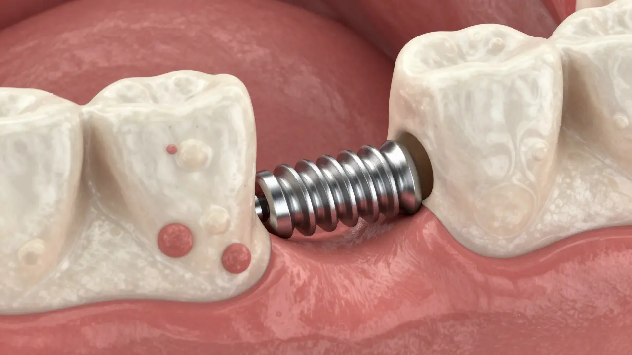 Mikroskopický pohled na spojení kosti s titánovým implantátem