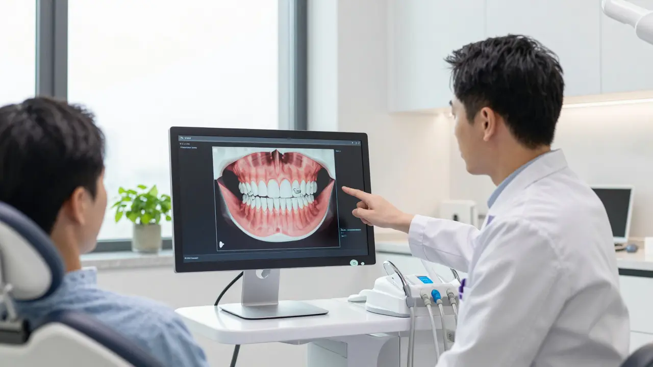 Stomatolog vysvětluje plánování implantátu pomocí 3D modelu
