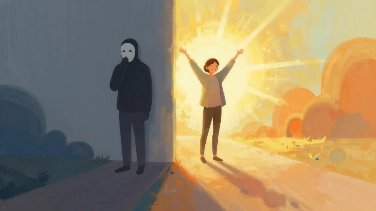 Umělecká ilustrace symbolizující cestu k sebepřijetí a překonání sociální úzkosti.