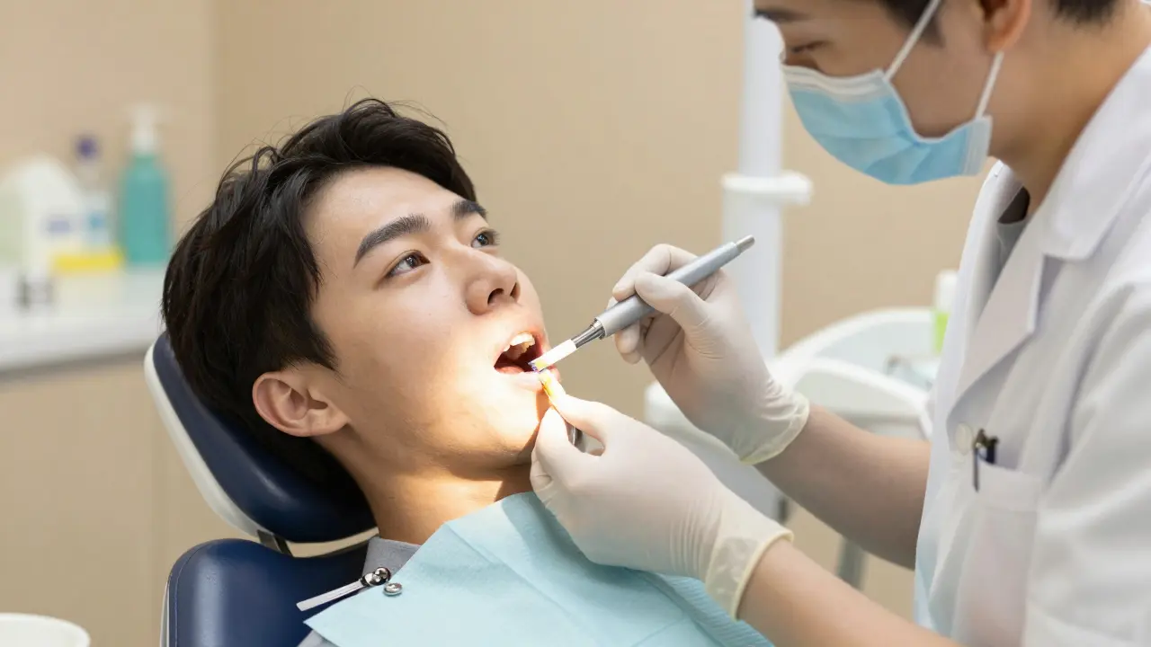 Zubař aplikuje fluoridový lak na zub pacienta v ordinaci.