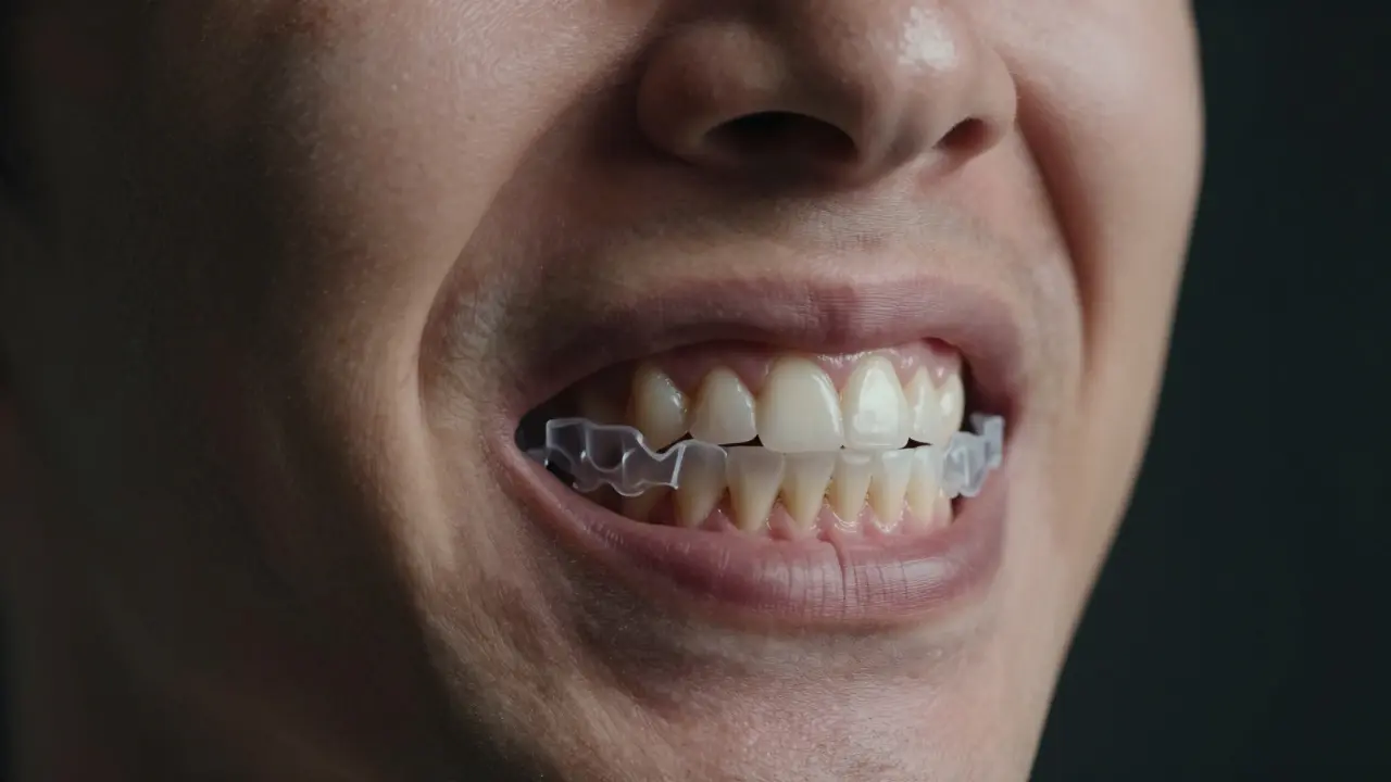 Zuby s příznaky bruxismu a ochranný noční chránič v dramatickém světle.