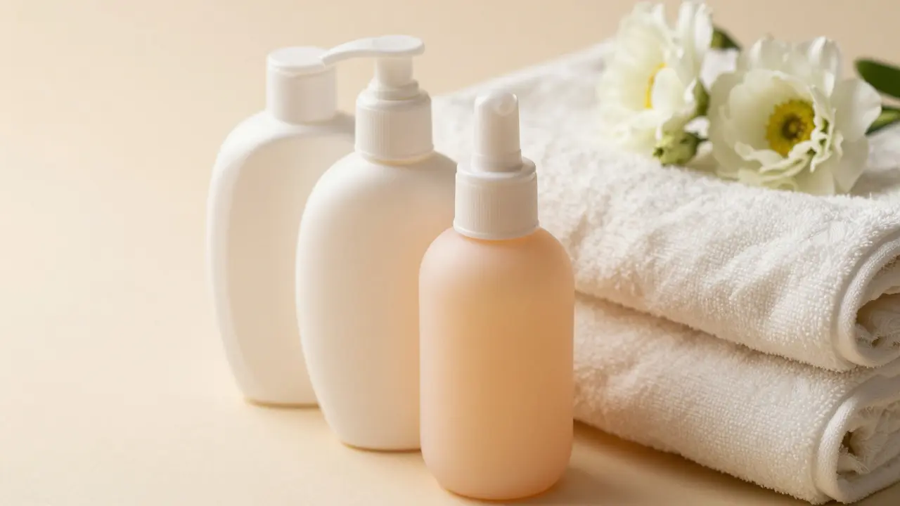 Bottles of personal lubricant displayed on a table with soft textiles, suggesting remedies for friction-related discomfort during intimacy.