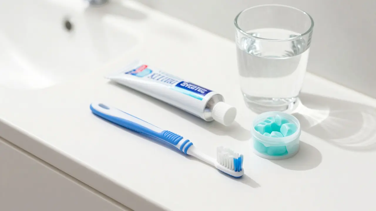 Hygienické pomůcky: pasta, mezizubní kartáček a xylitol