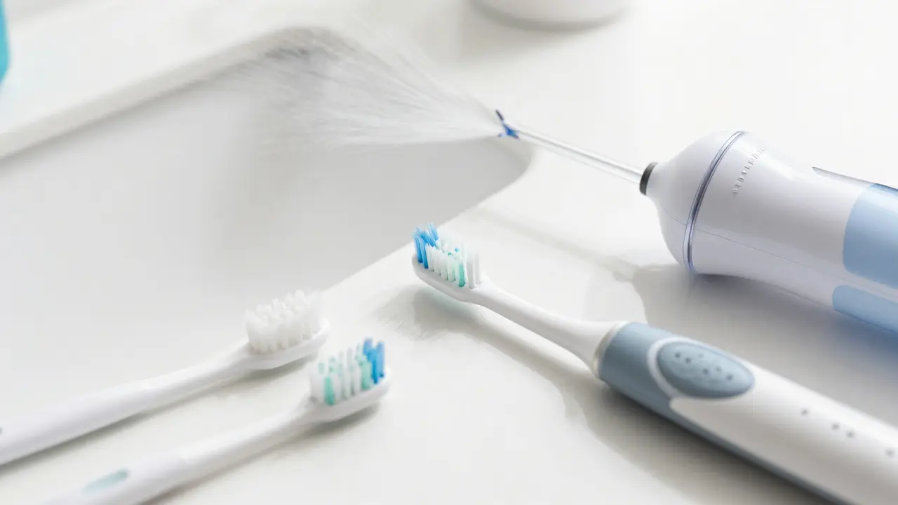 Moderní hygienické pomůcky včetně elektrického kartáčku a vodní hubičky na bílém povrchu