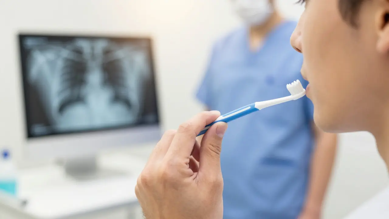 Pacient čistí implantát mezizubním kartáčkem v ordinaci