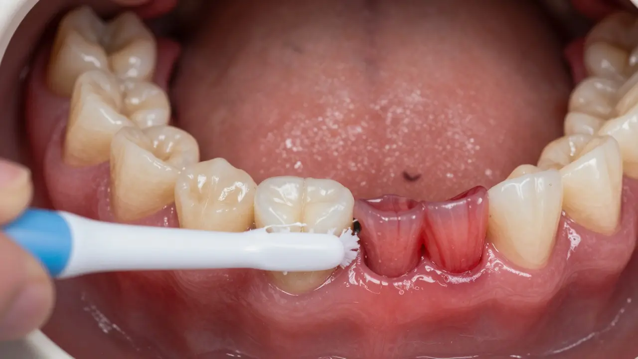 Porovnání zdravých a zánětlivých dásní kolem implantátu