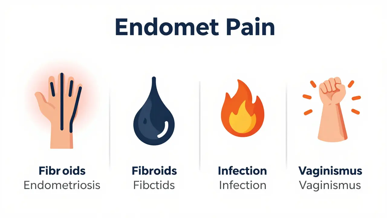Visual chart comparing symptoms and timing for endometriosis, myomas, infections, and vaginism as causes of post-coital abdominal pain.